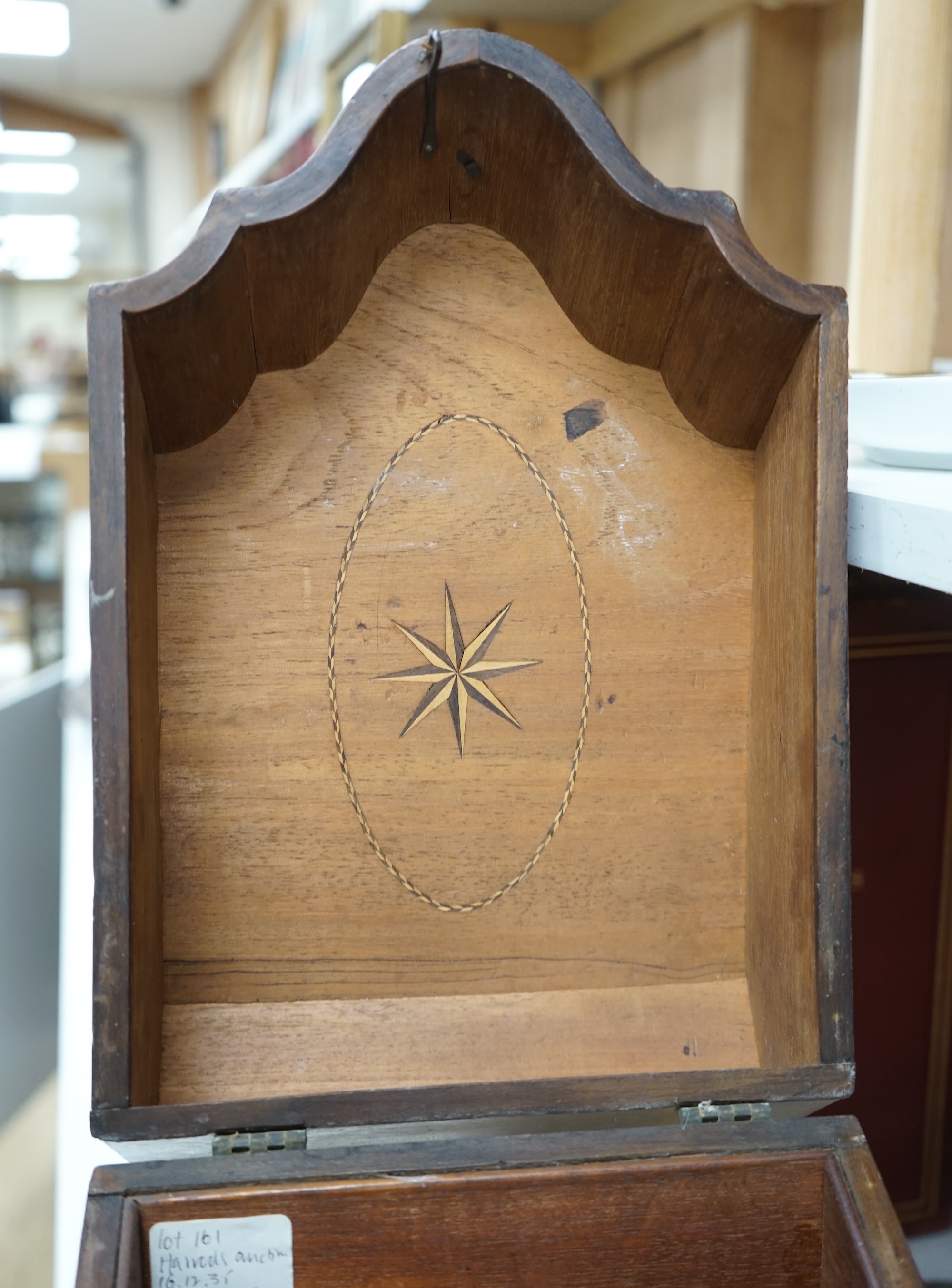 A George III mahogany shell inlaid knife box, converted to a stationery box, 36.5cm high at the back. Condition - needs cleaning and possibly repolishing